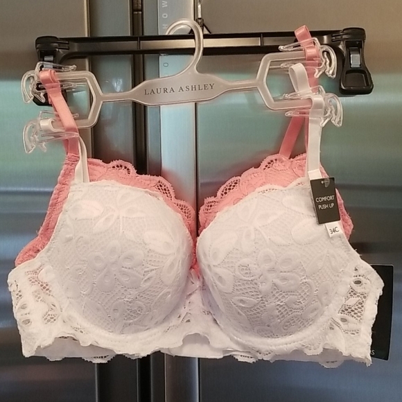 💕LAURA ASHLEY💕 Comfort Push Up Bras (2 Pack) Pink & White Lace 34C NWT - Picture 1 of 9